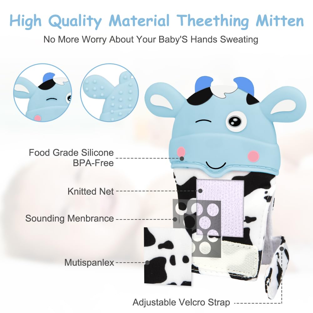 Hotut teething mittens hamburger image displays colorful shapes for sensory development and grip