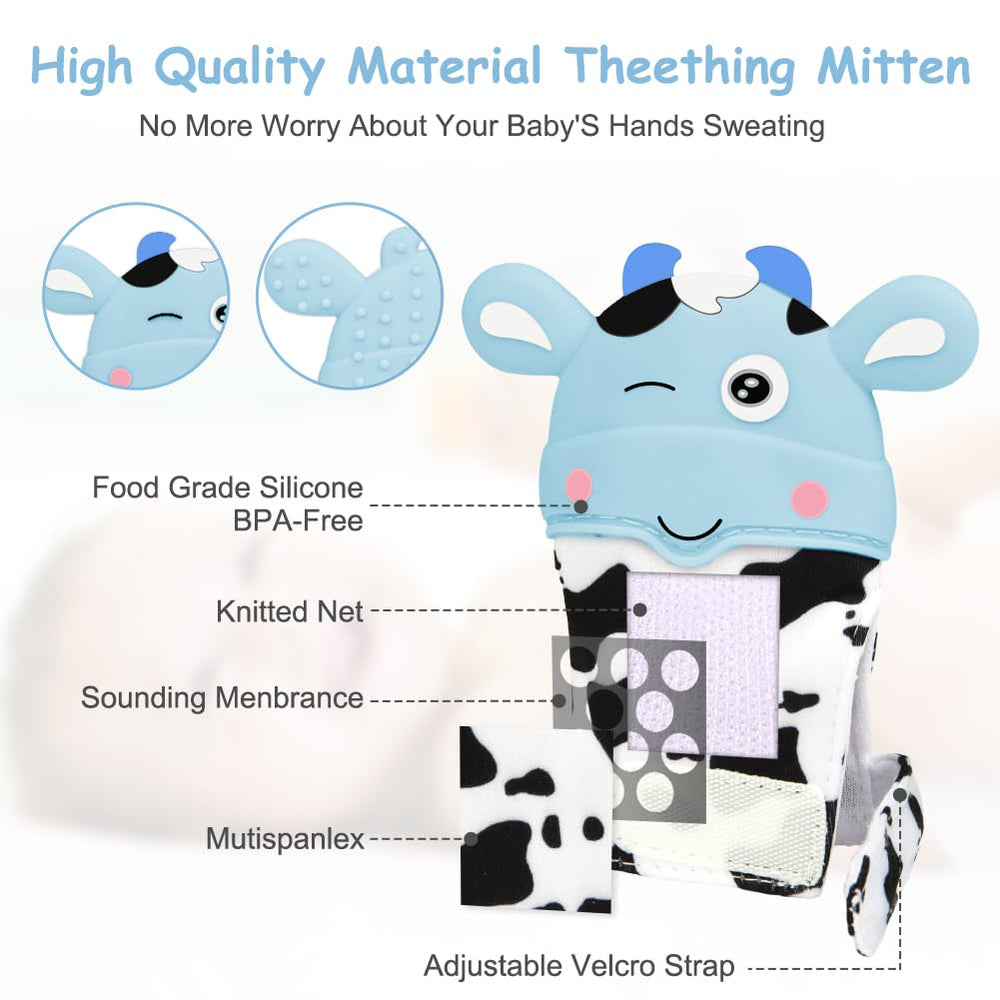 Hotut teething mittens hamburger image displays colorful shapes for sensory development and grip