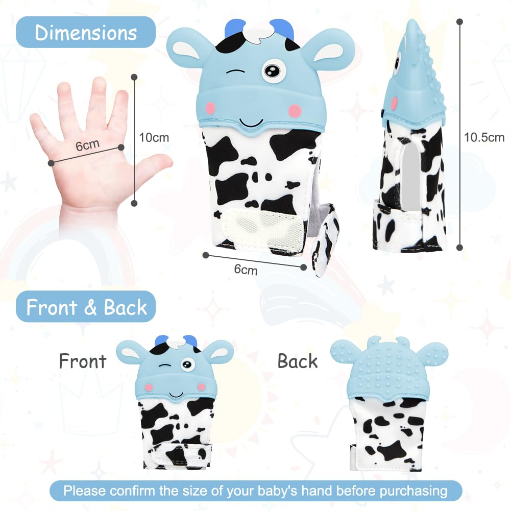 Hotut teething mittens rabbit image highlights safe silicone for 0-12 month soothing