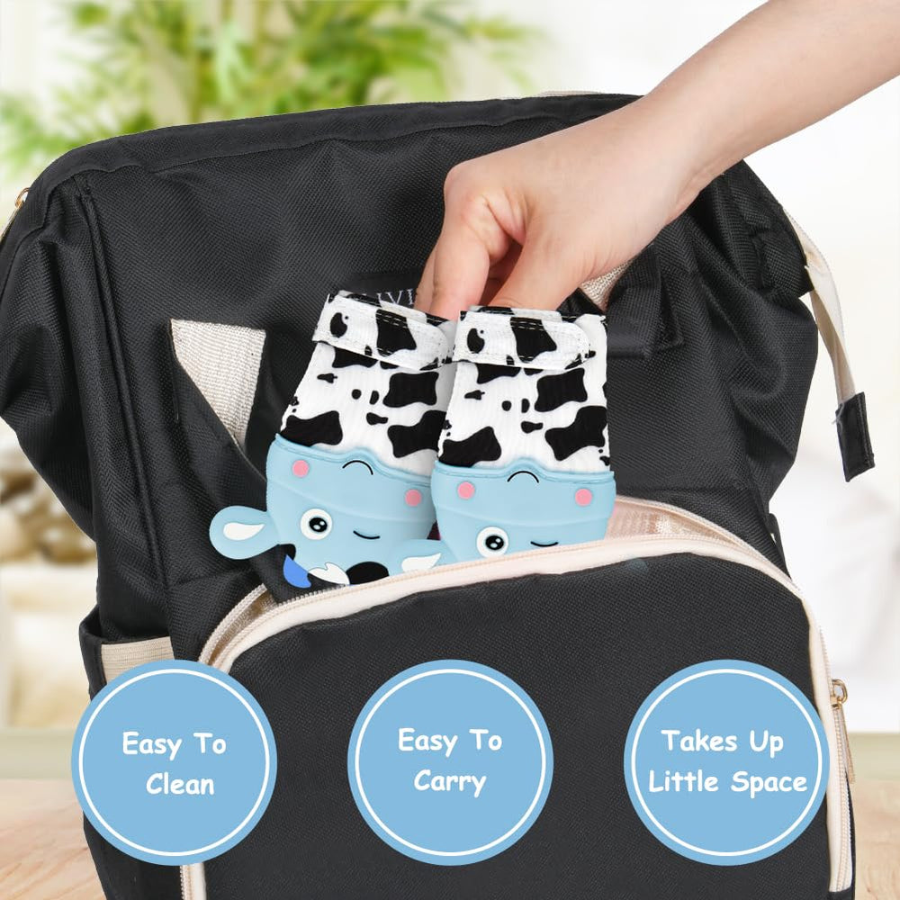 Hotut teething mittens rustling-sound image highlights auditory engagement while soothing gums