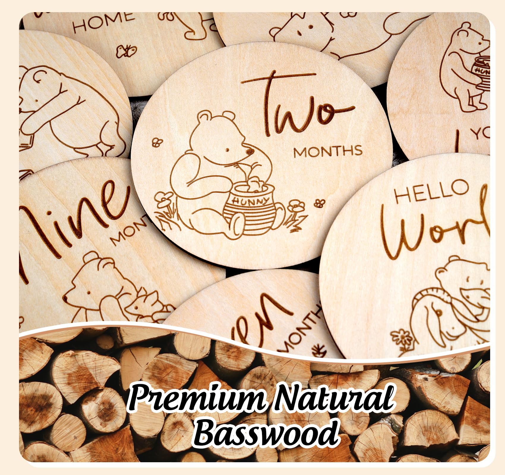 HOUISM Winnie milestone disc 1-month engraving highlights growth with rustic charm.