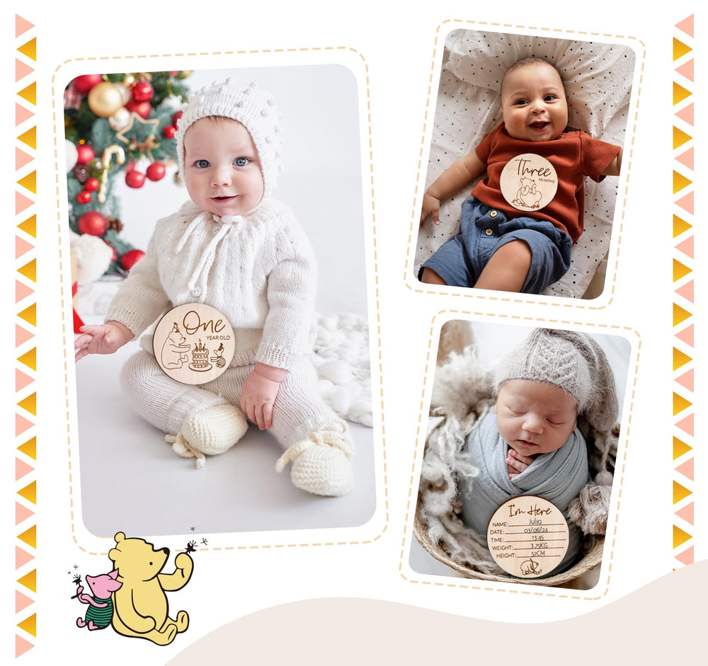 HOUISM Winnie milestone disc photo-prop setup complements nursery aesthetics.