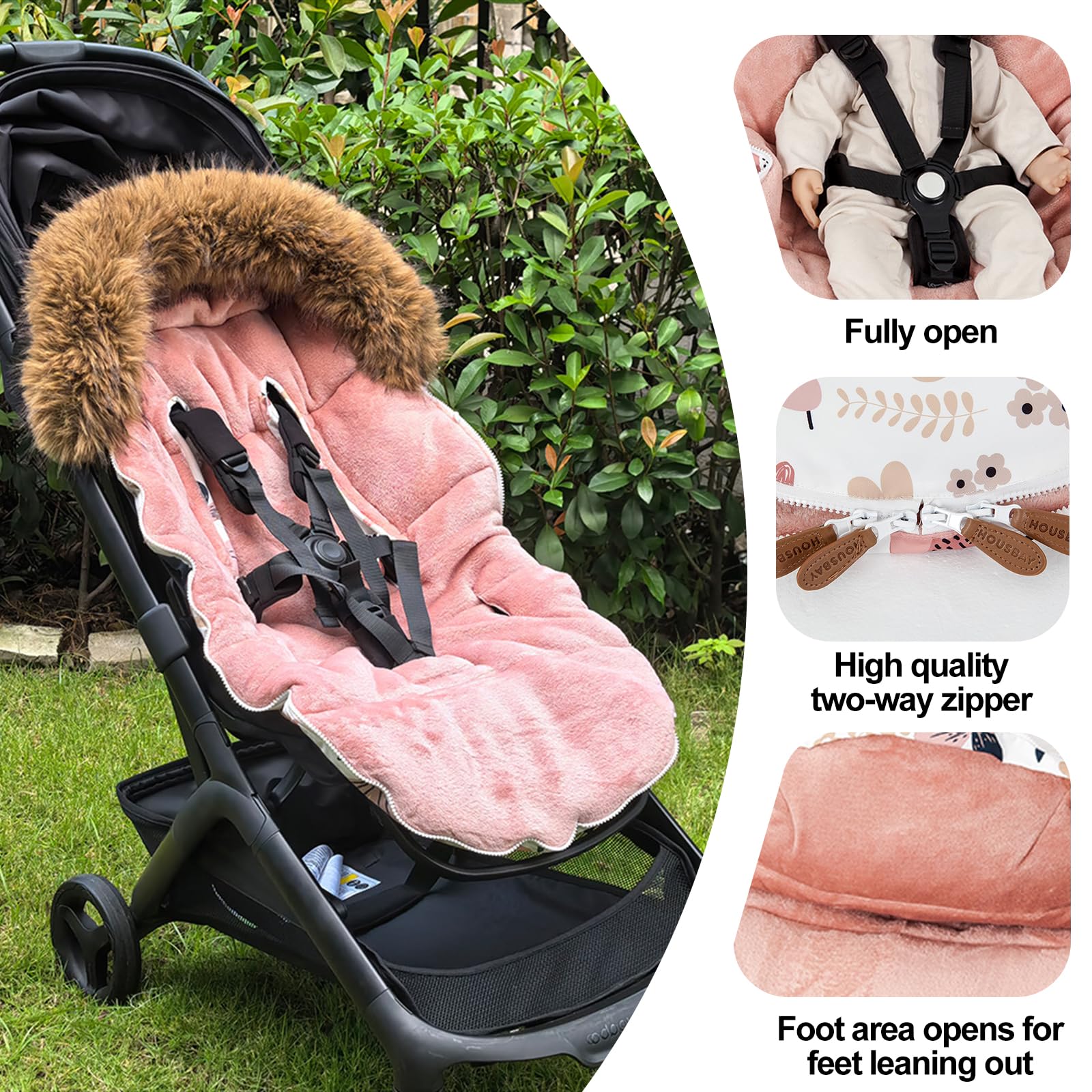 HOUSBAY footmuff four-zip design enables easy diaper changes and temperature control.