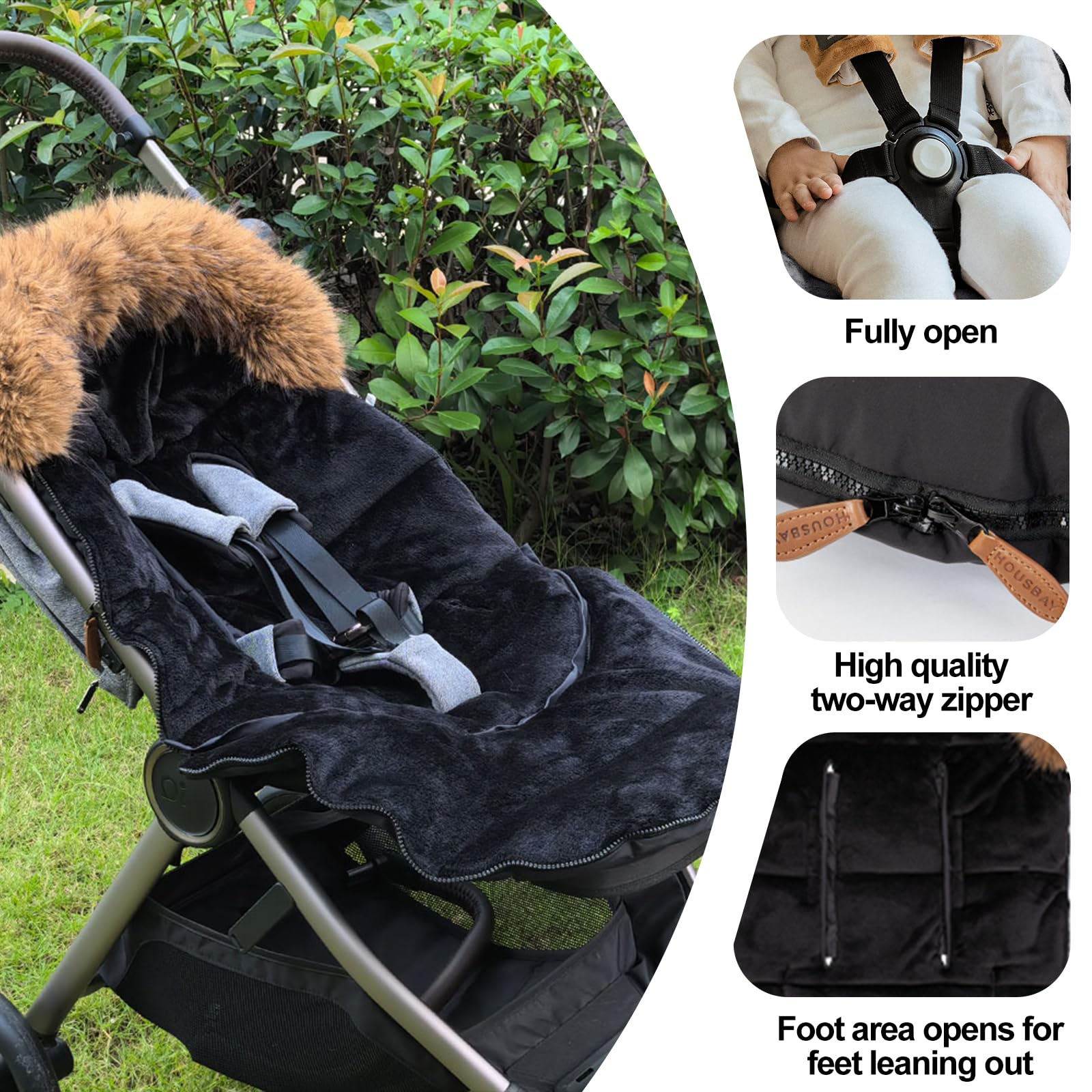 HOUSBAY footmuff universal fit with belt slots for secure stroller safety.