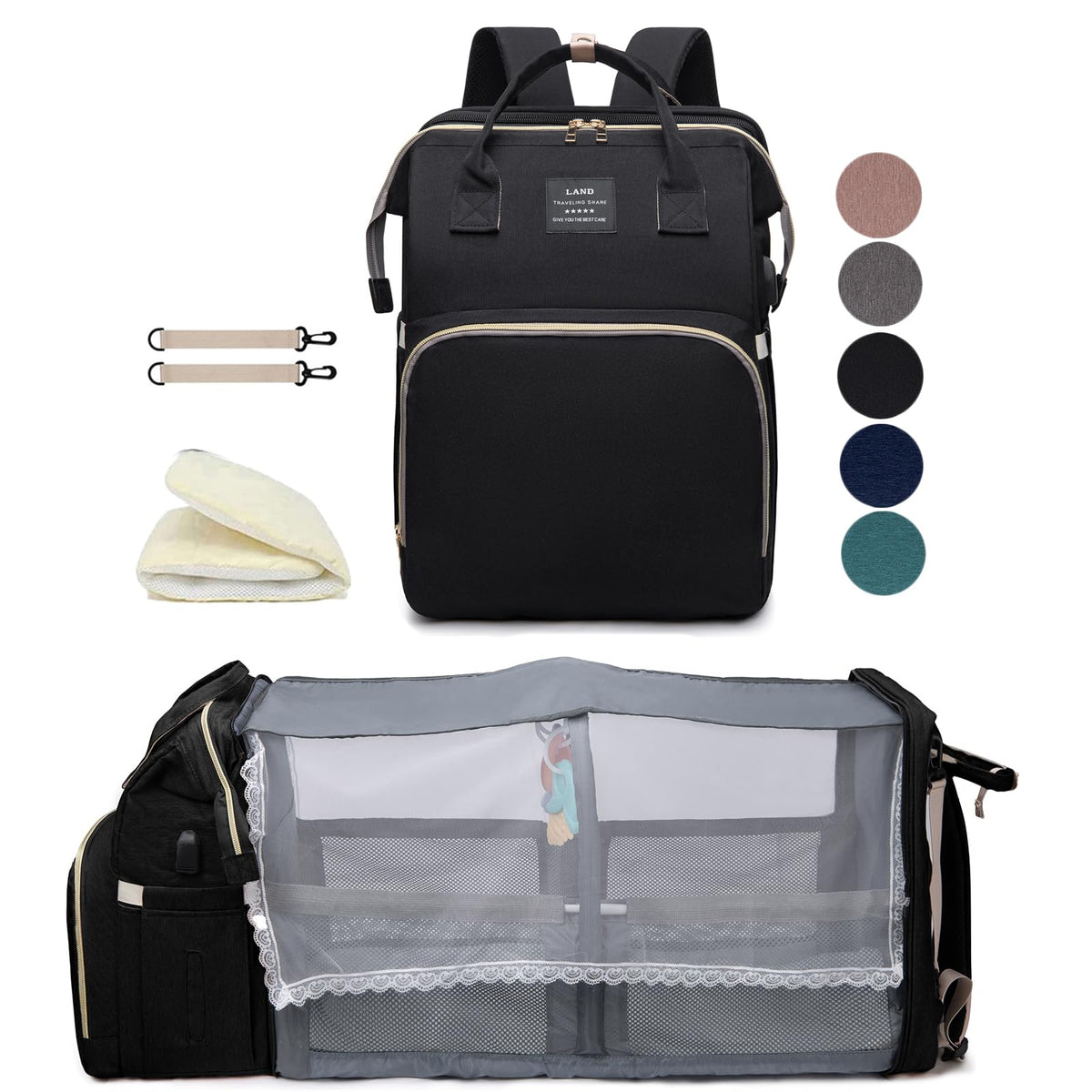 Houscly Black Boy Diaper Bag Backpack with changing station for on-the-go baby care.