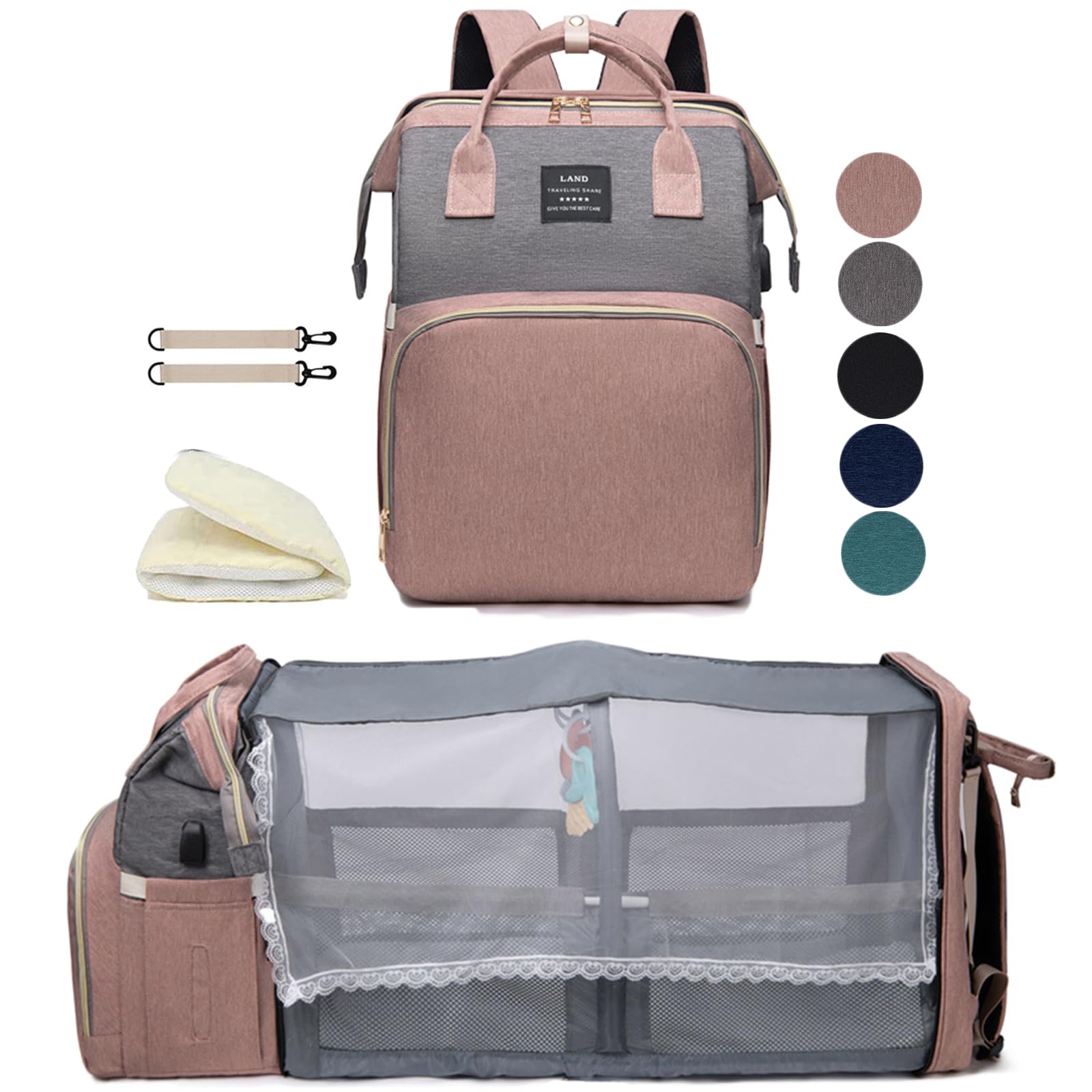 Houscly diaper bag backpack pink changing station, spacious main compartment for baby care essentials.