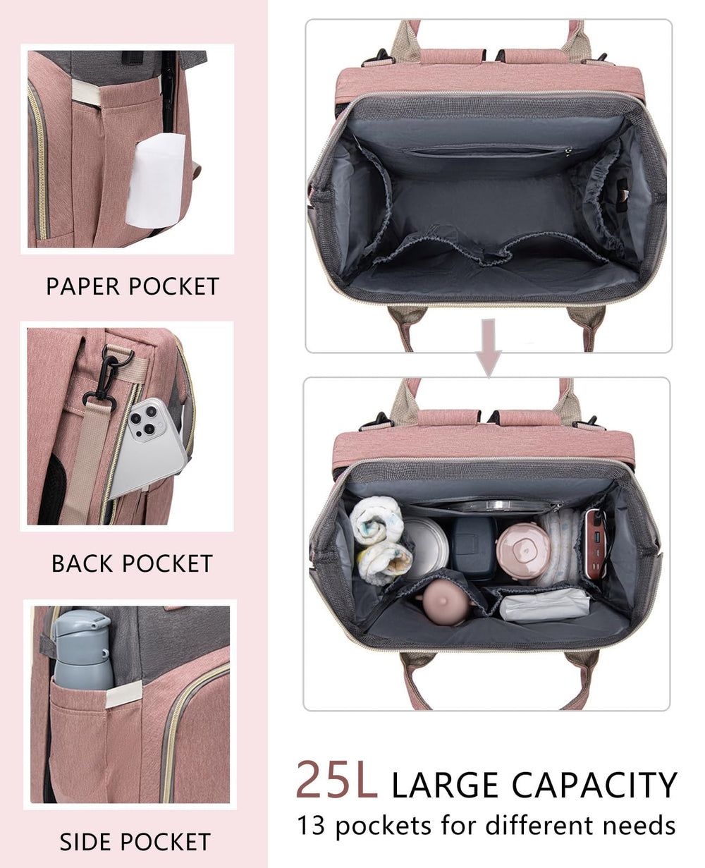 Houscly diaper bag backpack, 25L capacity, holds diapers, bottles, and clothes.