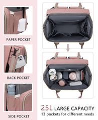 Houscly diaper bag backpack, 25L capacity, holds diapers, bottles, and clothes.