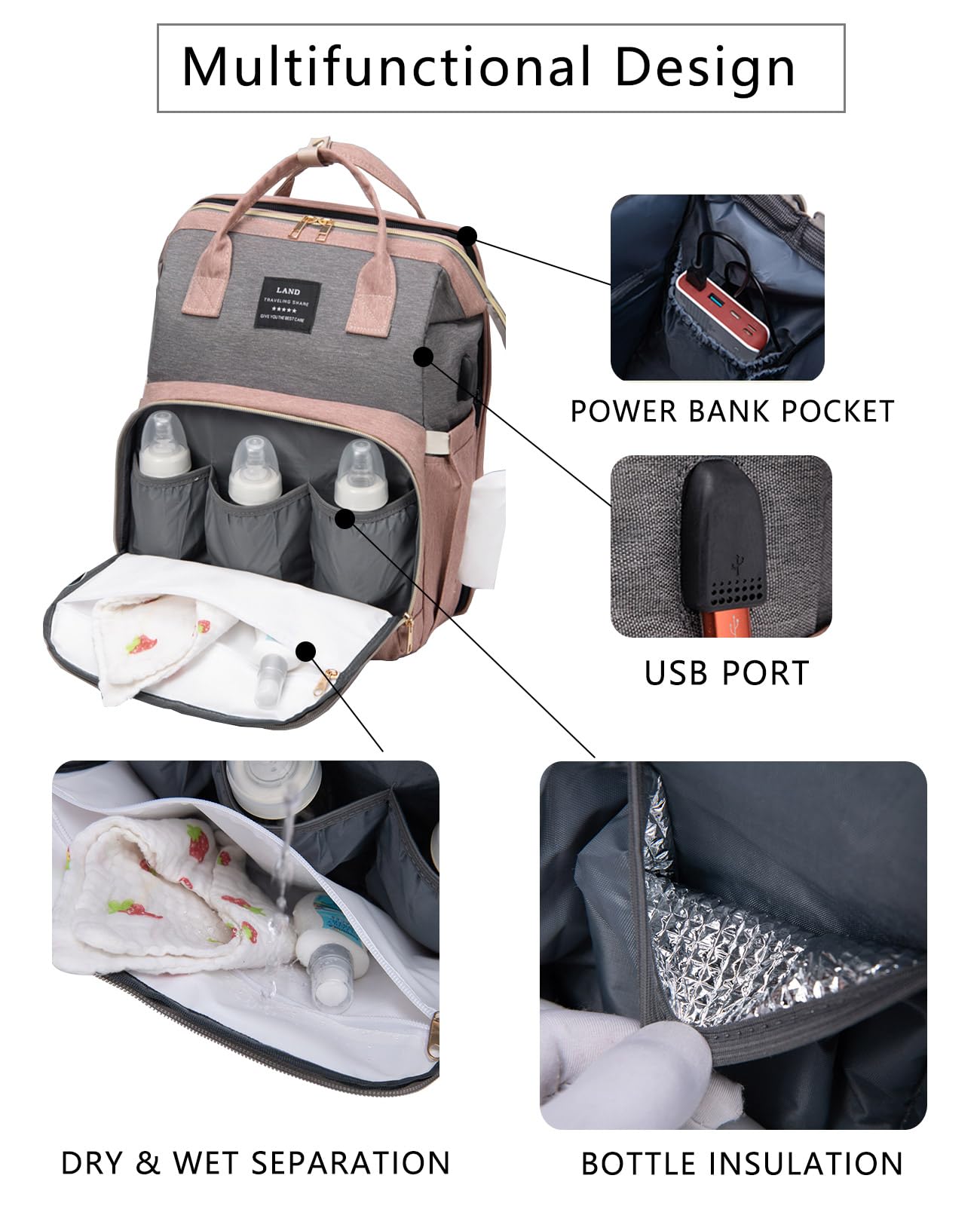Houscly diaper bag with stroller straps, convert to backpack or handbag.