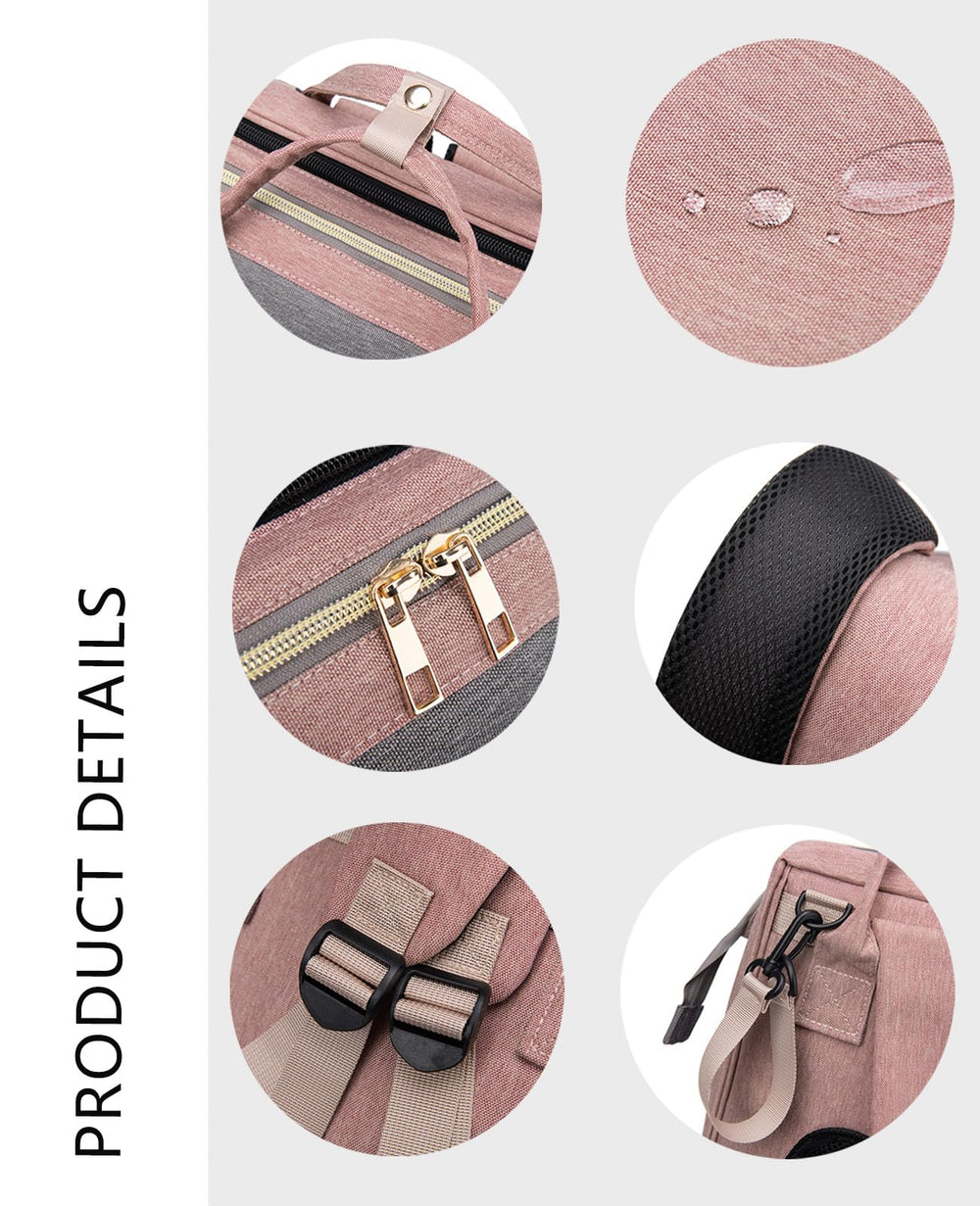 Houscly pink diaper bag, insulated pockets keep bottles warm or cool.