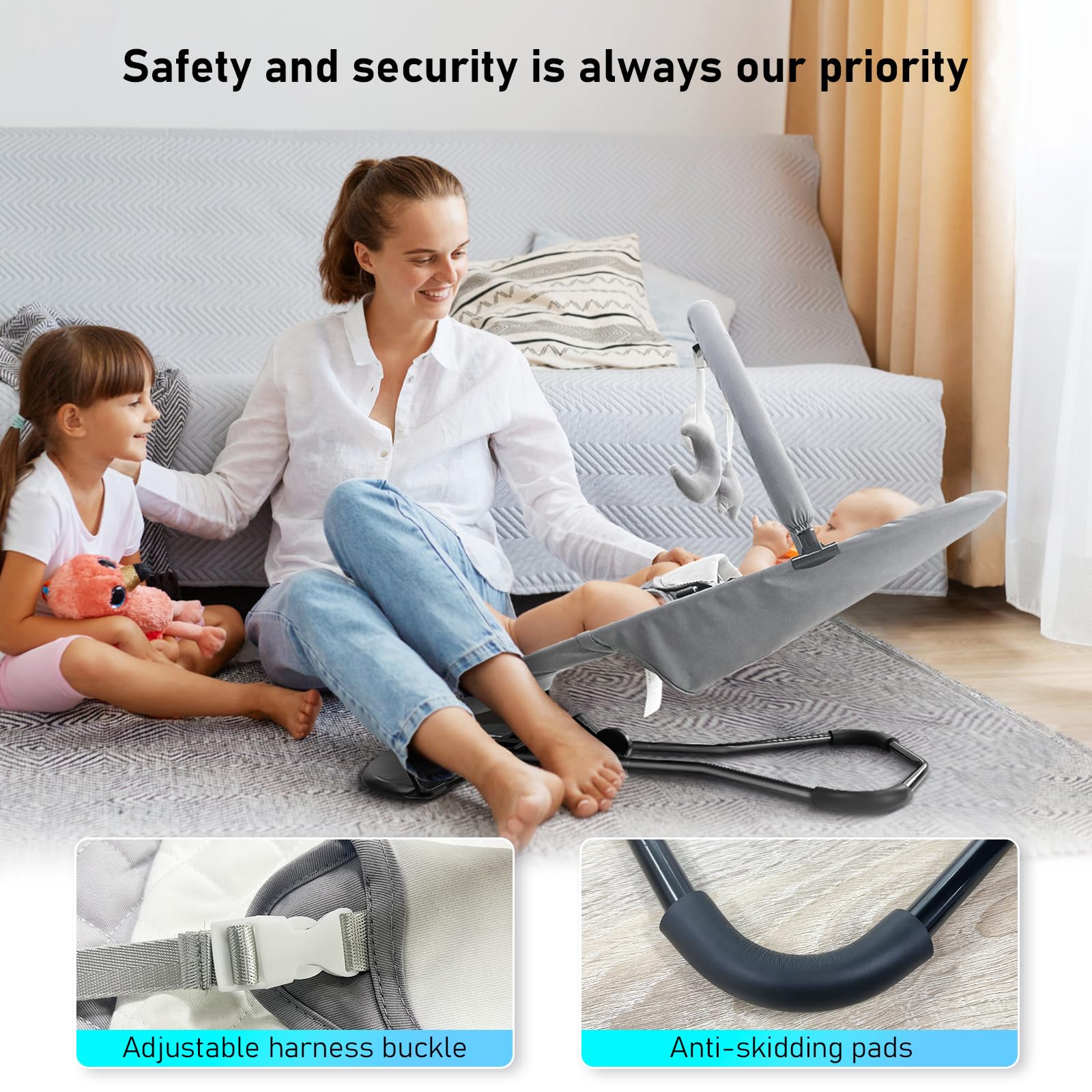 HOUSEHOLD WORLD baby bouncer ergonomic-seat provides ergonomic support for tiny bodies.