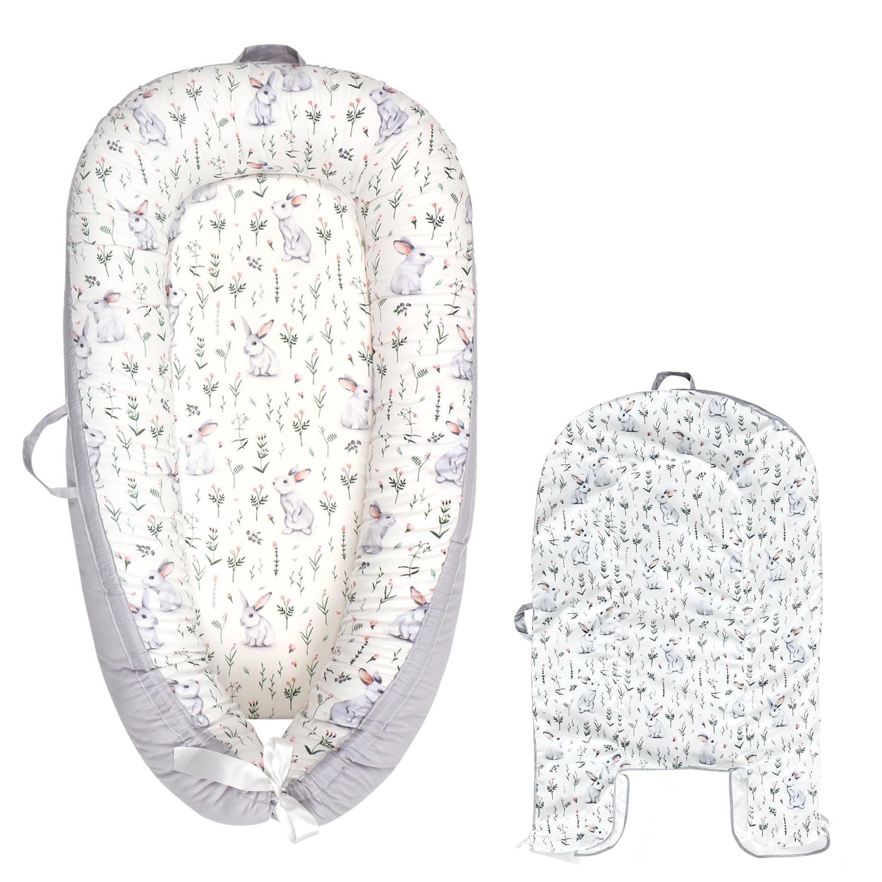 HOUSEYUAN baby lounger cover rabbit pattern closeup highlighting breathable 100% cotton.