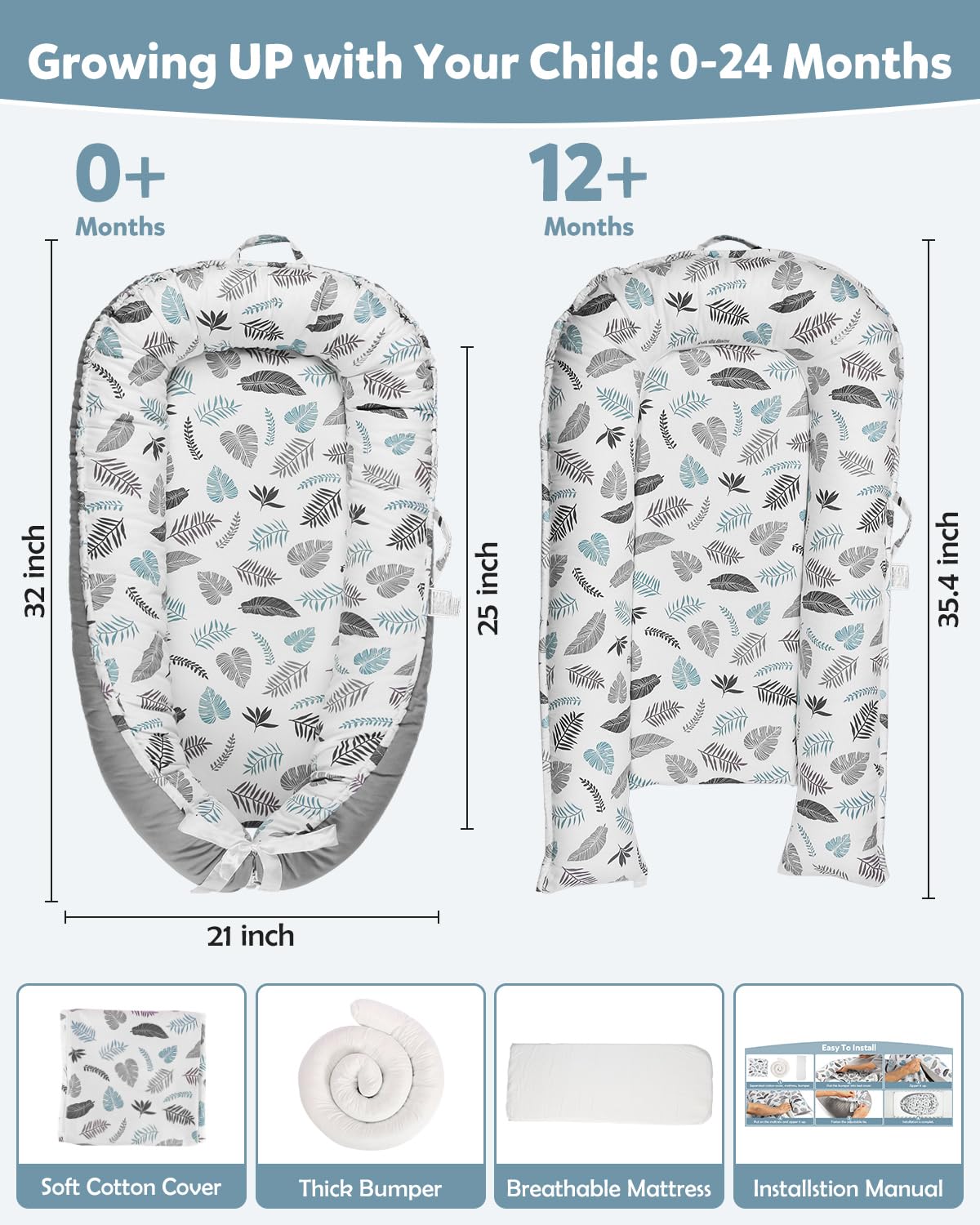 HOVIKOKI Baby Lounger highlights cotton filling around edges for cushioned support.