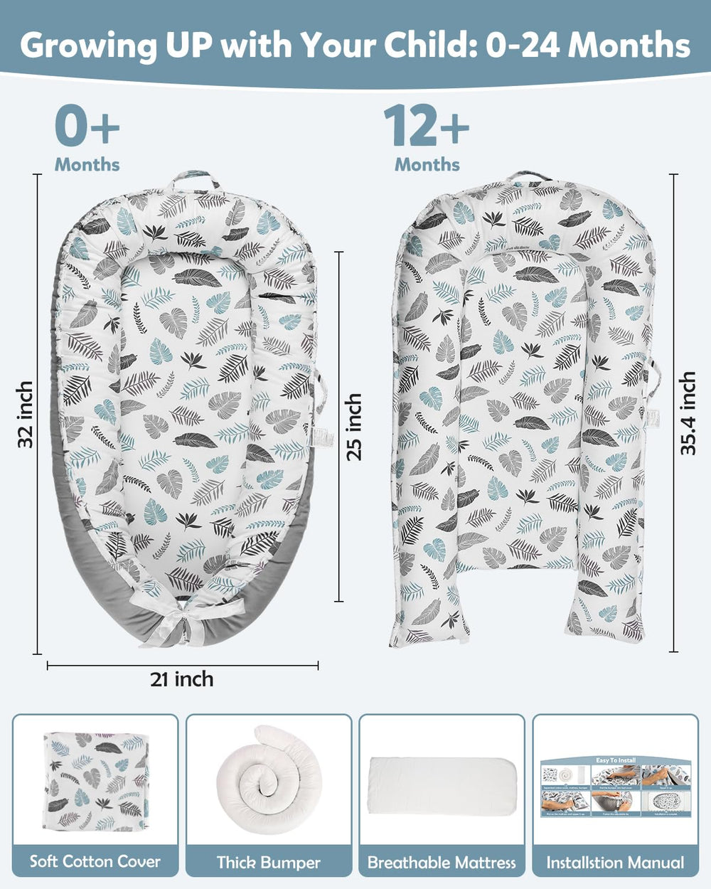 HOVIKOKI Baby Lounger highlights cotton filling around edges for cushioned support.
