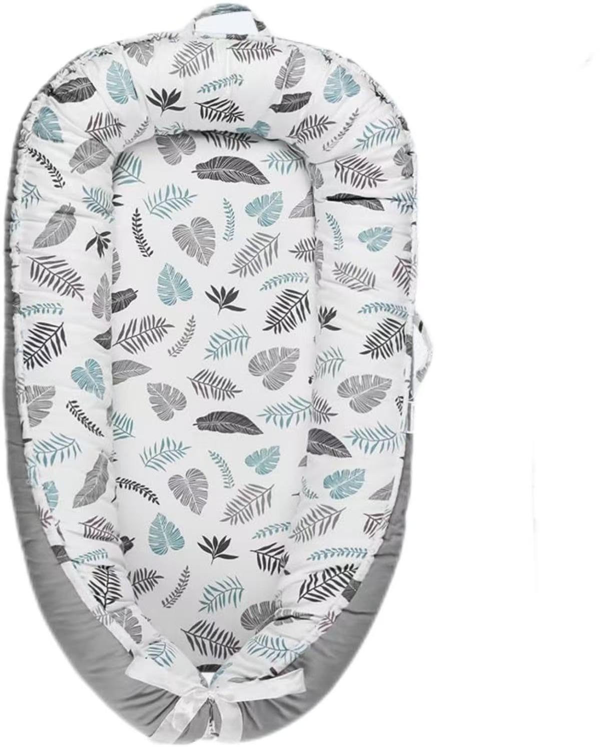 HOVIKOKI Baby Lounger in grey leaves cover shows breathable cotton for comfort.