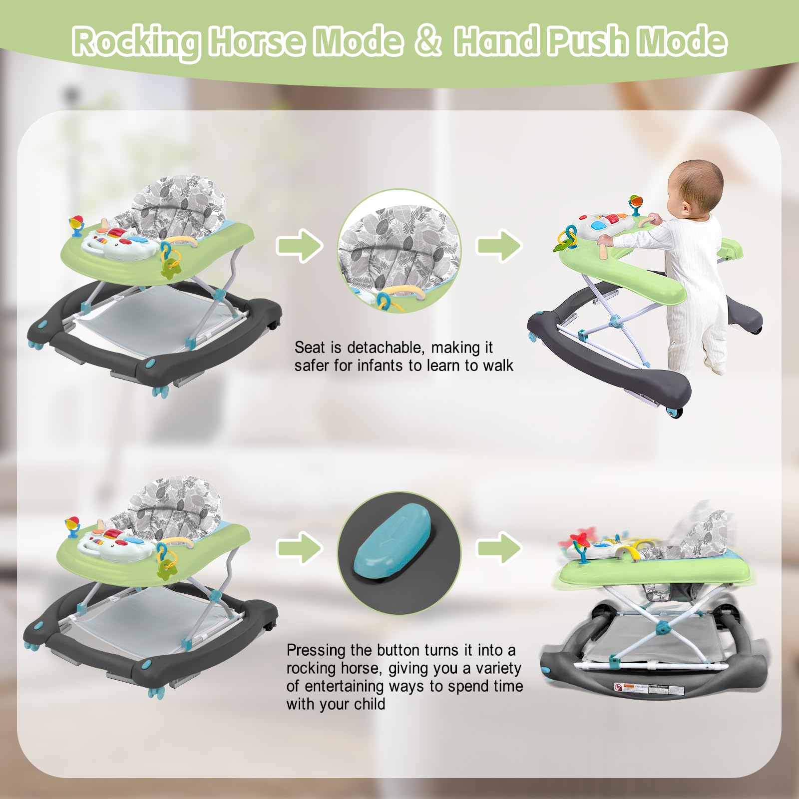 Howeemo 5-in-1 foldable baby walker height adjustment demonstrates three-height options for growing babies.
