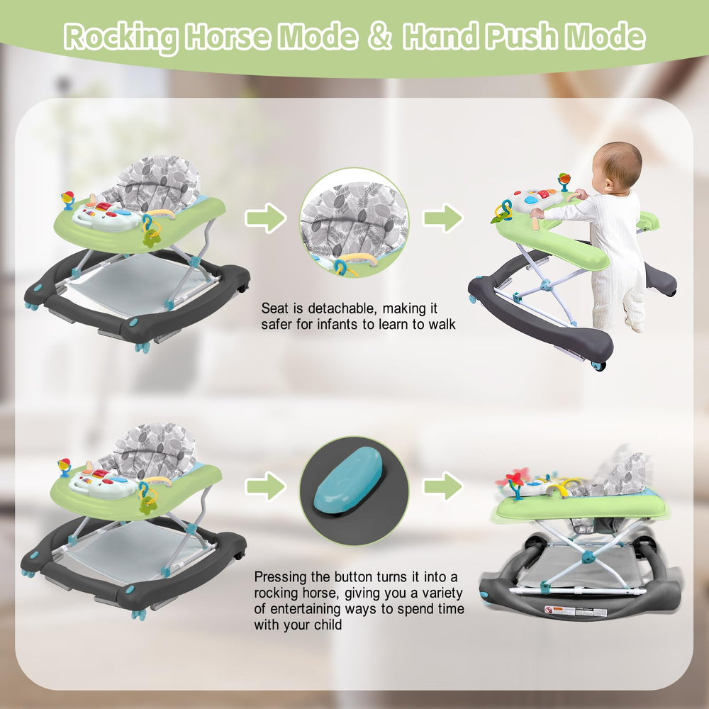 Howeemo 5-in-1 foldable baby walker height adjustment demonstrates three-height options for growing babies.