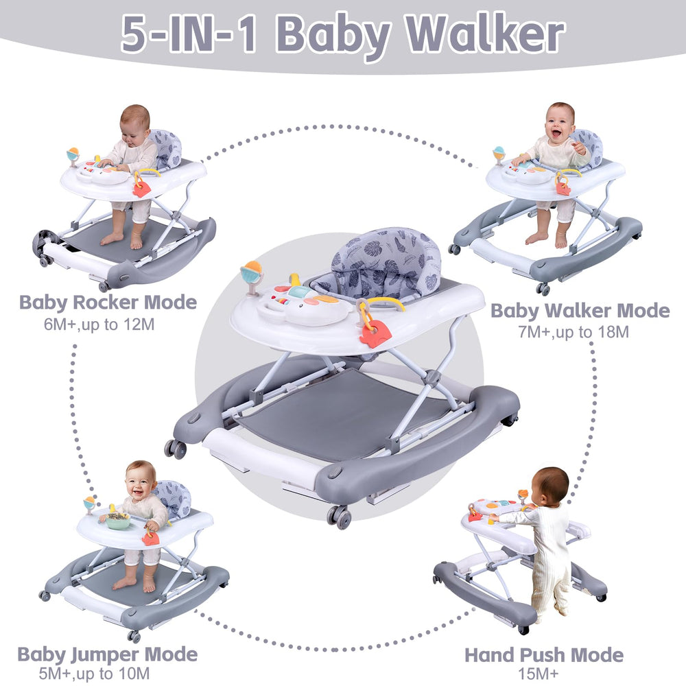 Howeemo 5-in-1 foldable baby walker side view demonstrates height adjustment and portability