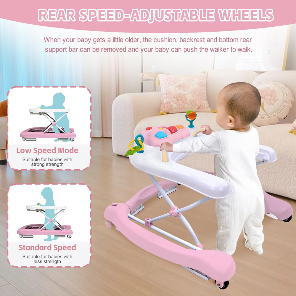 Howeemo 5-in-1 foldable baby walker pink dining-table mode setup demonstrates feeding flexibility