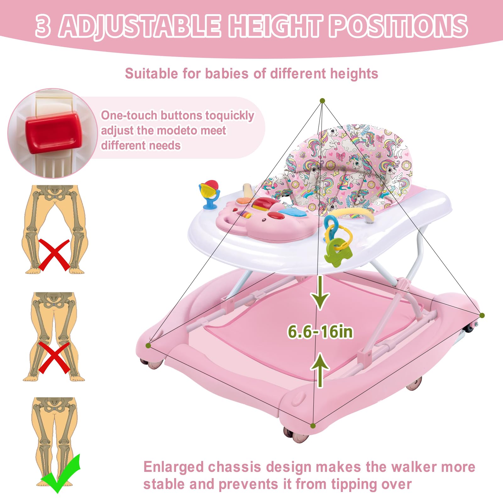 Howeemo 5-in-1 foldable baby walker pink folded for compact storage