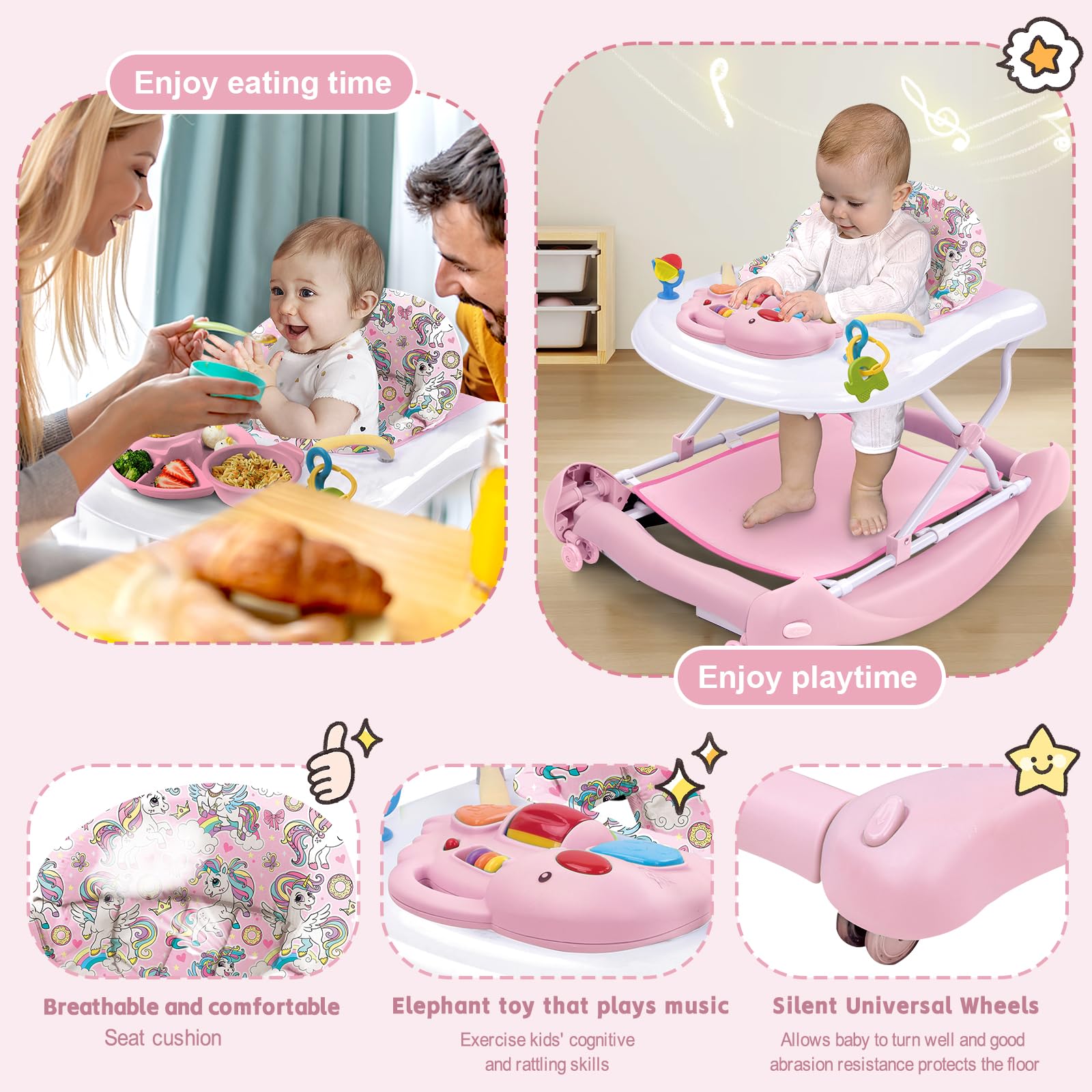 Howeemo 5-in-1 foldable baby walker pink height-adjustment highlight for growing babies