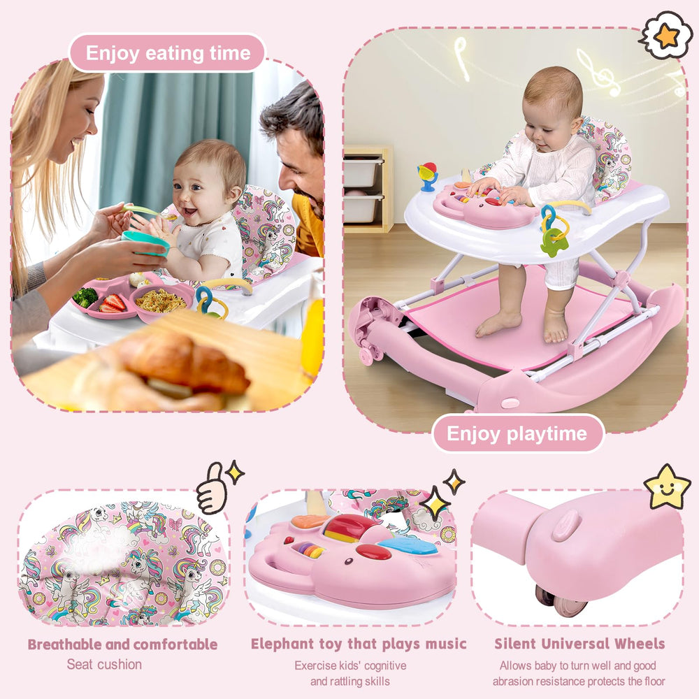 Howeemo 5-in-1 foldable baby walker pink height-adjustment highlight for growing babies