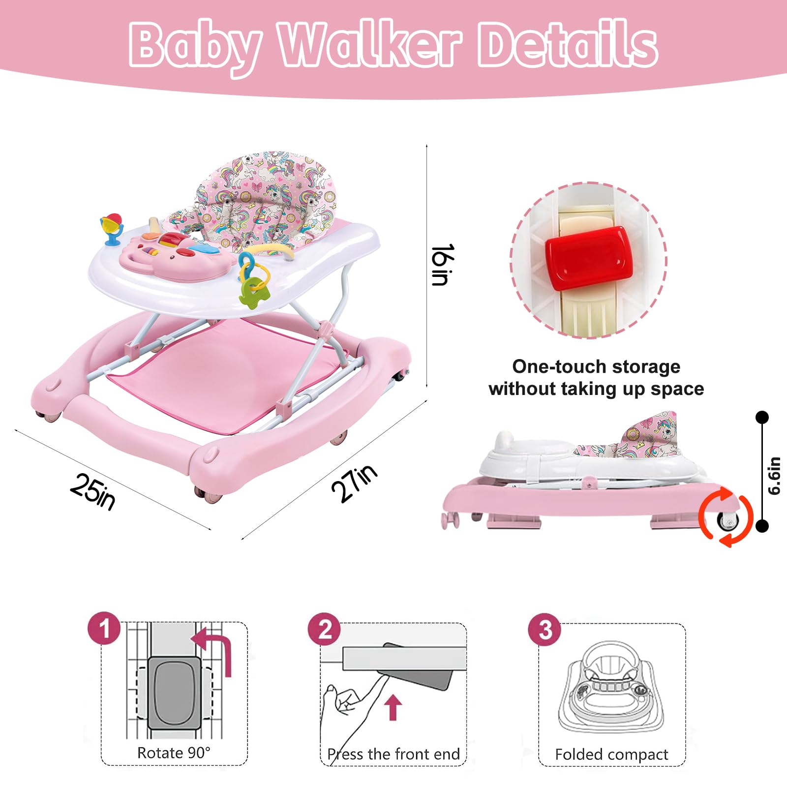 Howeemo 5-in-1 foldable baby walker pink safety mat aids playtime