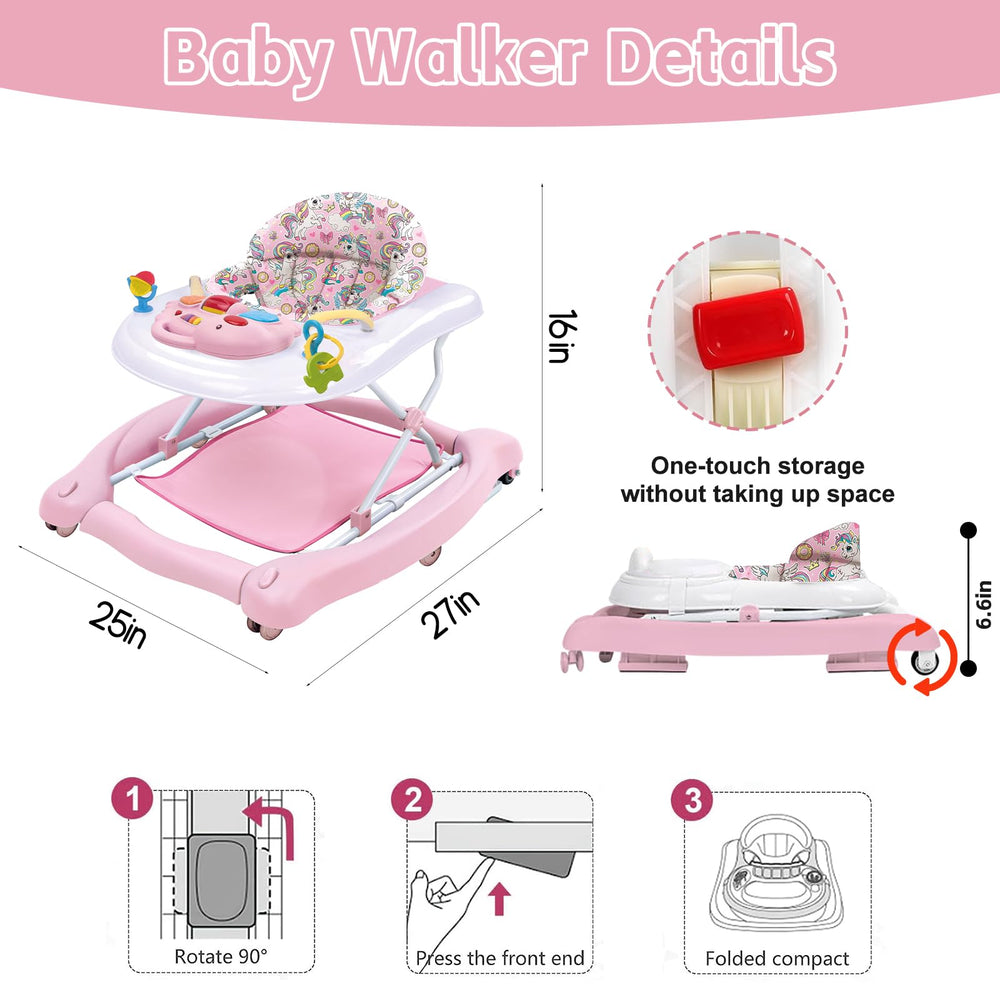 Howeemo 5-in-1 foldable baby walker pink safety mat aids playtime