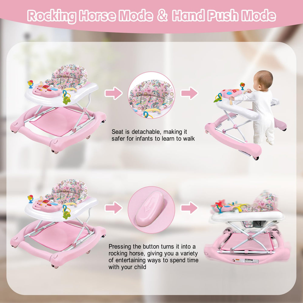 Howeemo 5-in-1 foldable baby walker pink toy panel demonstrates interactive play