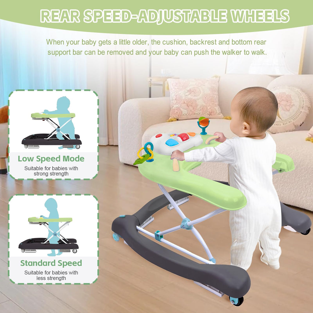 Howeemo baby walker activity center highlighting musical toys and shapes for sensorimotor play.