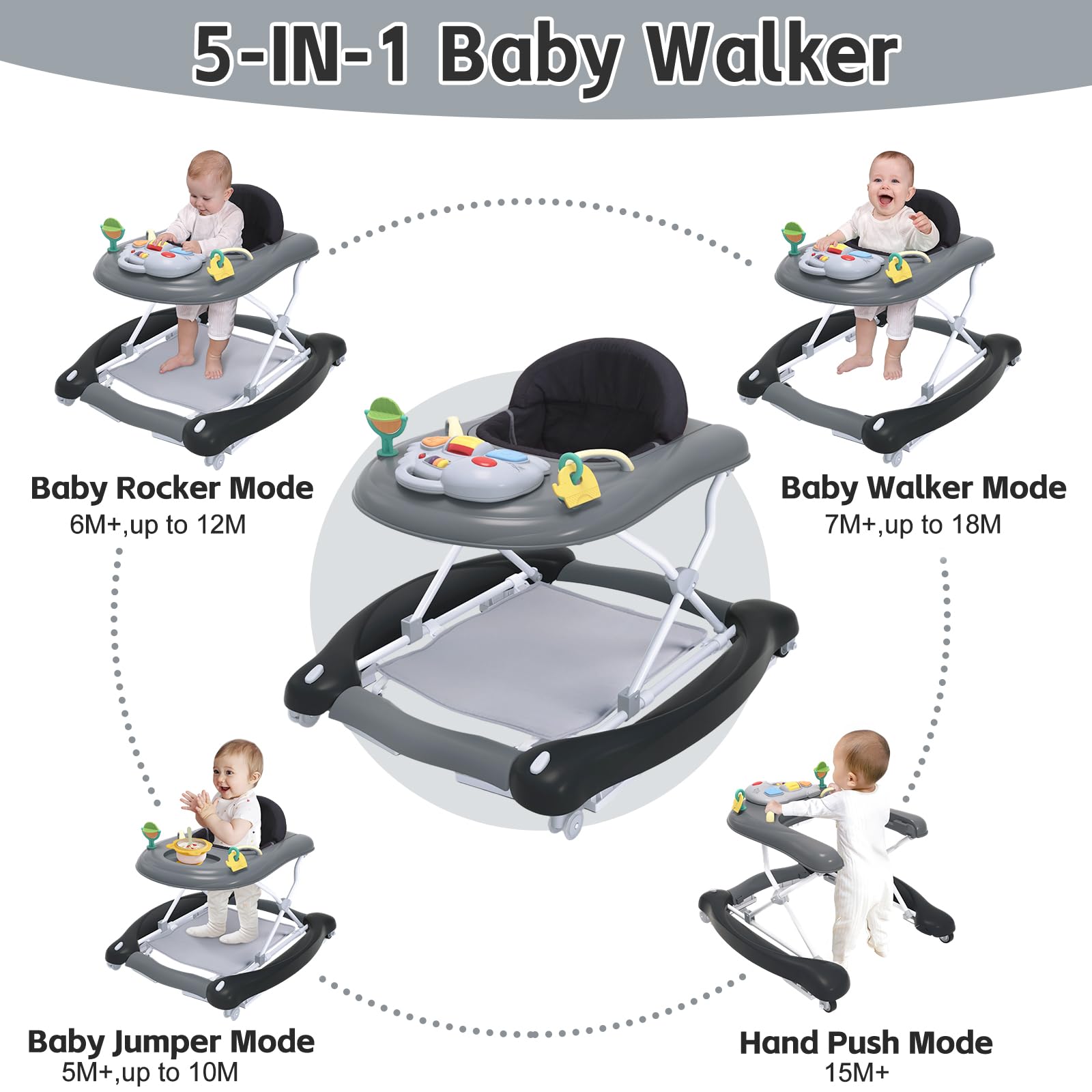 Howeemo baby walker in bouncer mode with toys for sensory engagement.