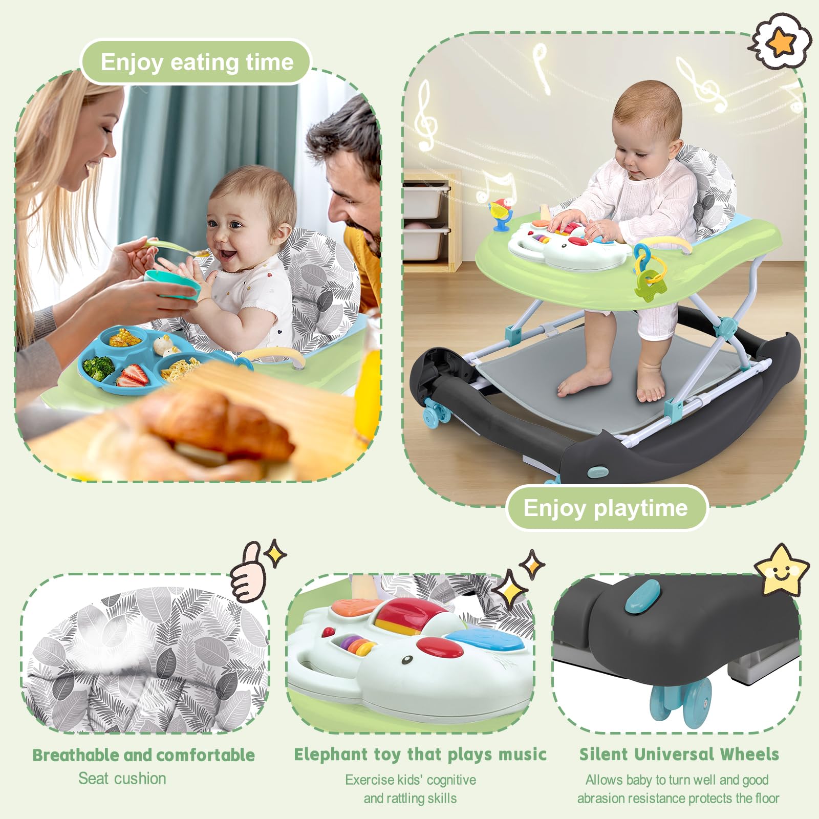 Howeemo baby walker safety design emphasizes triangular chassis and silicone non-slip mat.