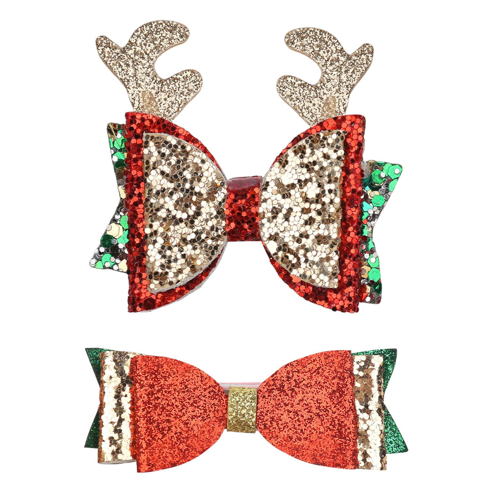HOXIEYA glitter Christmas bow clip closeup showing red-green reindeer sparkle for festive outfits