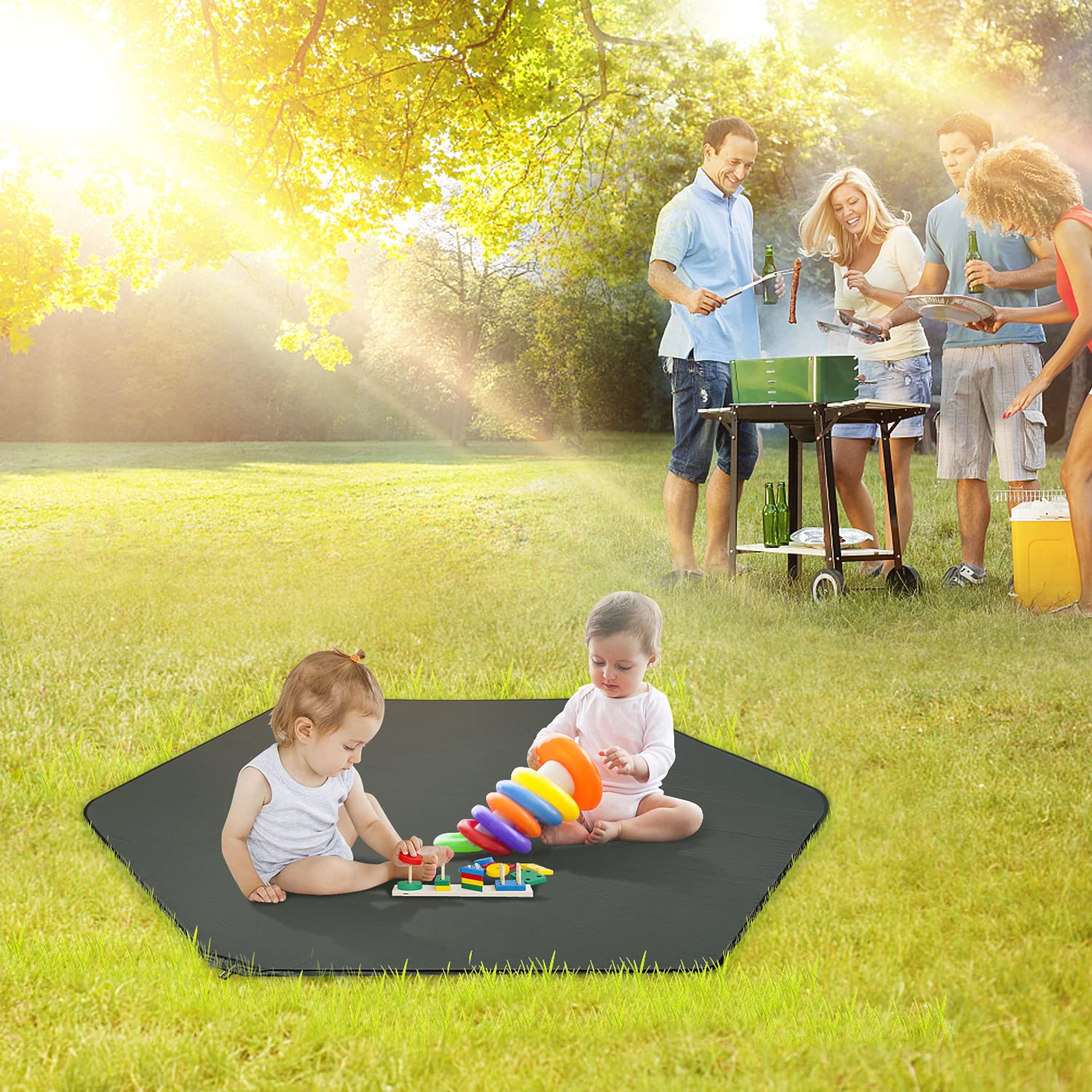 Hoybell hexagon playpen mat includes carry bag for travel.