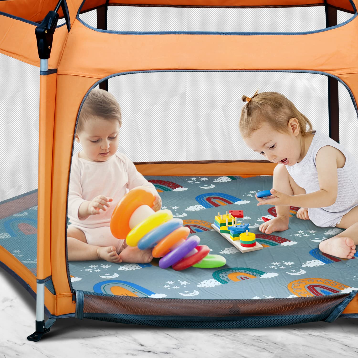 Hoybell hexagon playpen mat compatible with POP 'N GO shown with secure fit.