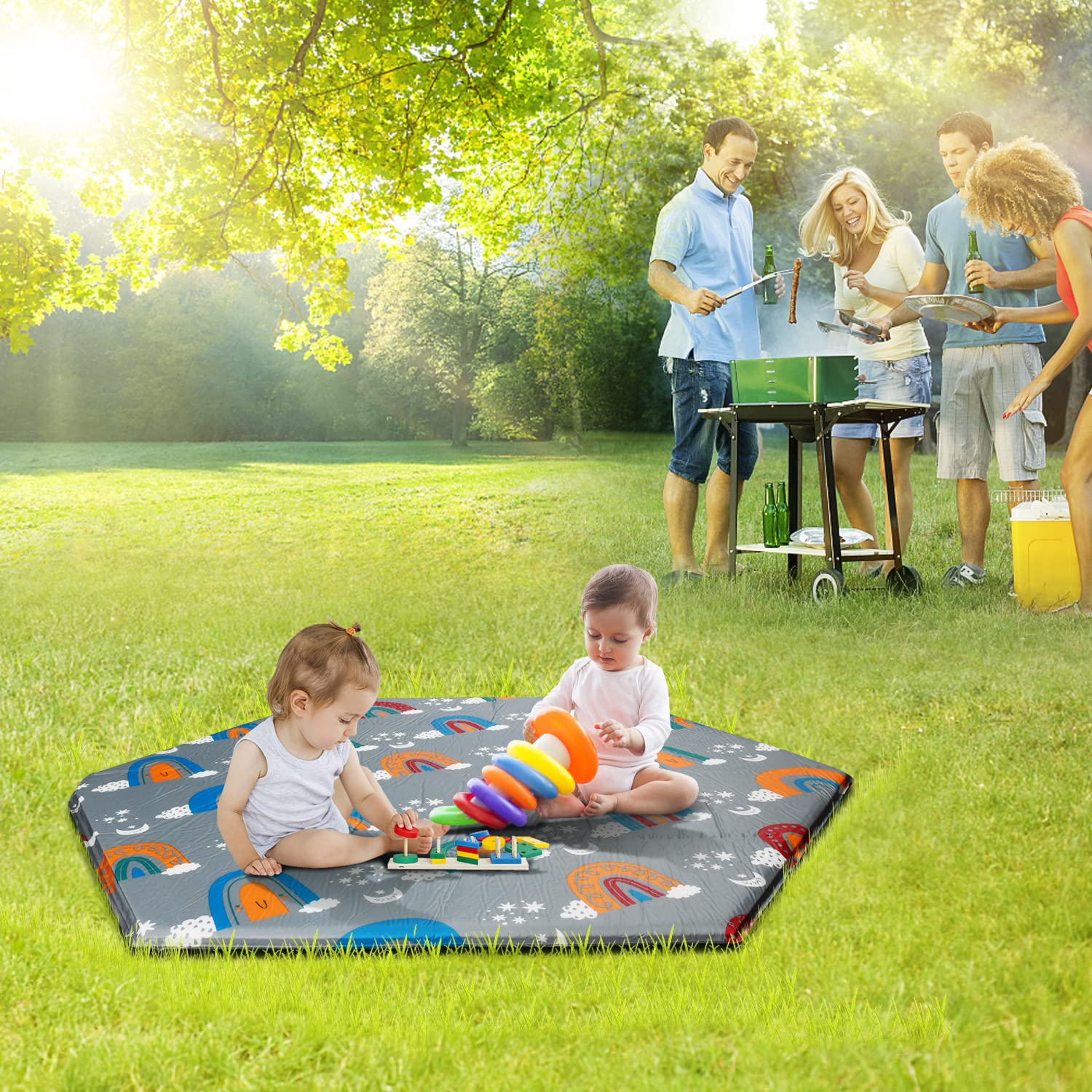 Hoybell hexagon playpen mat rainbow colors emphasize vibrant play space.