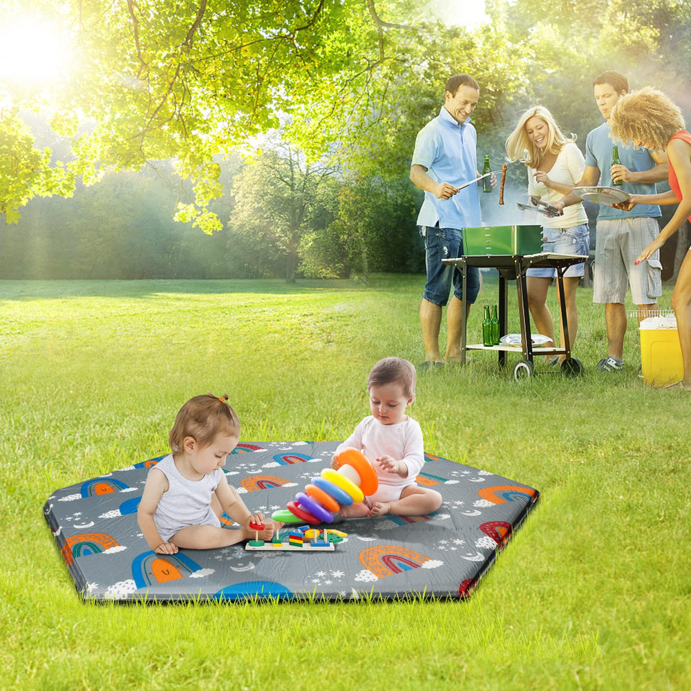 Hoybell hexagon playpen mat rainbow colors emphasize vibrant play space.
