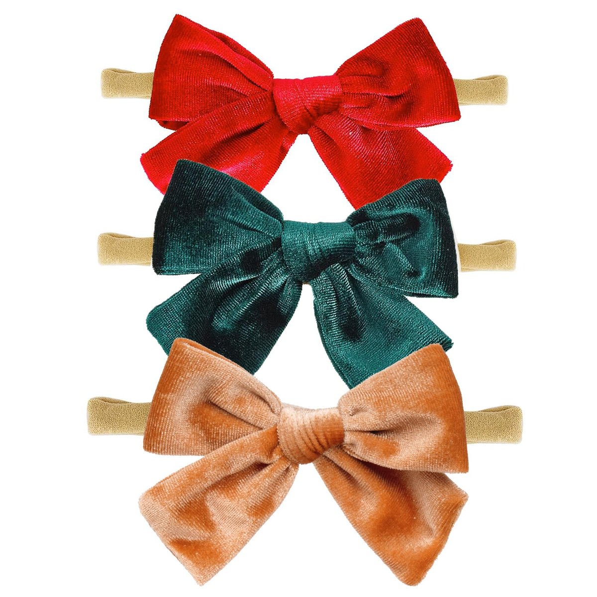 Hoyuwak 3pc velvet baby bows front view for festive newborn styling.