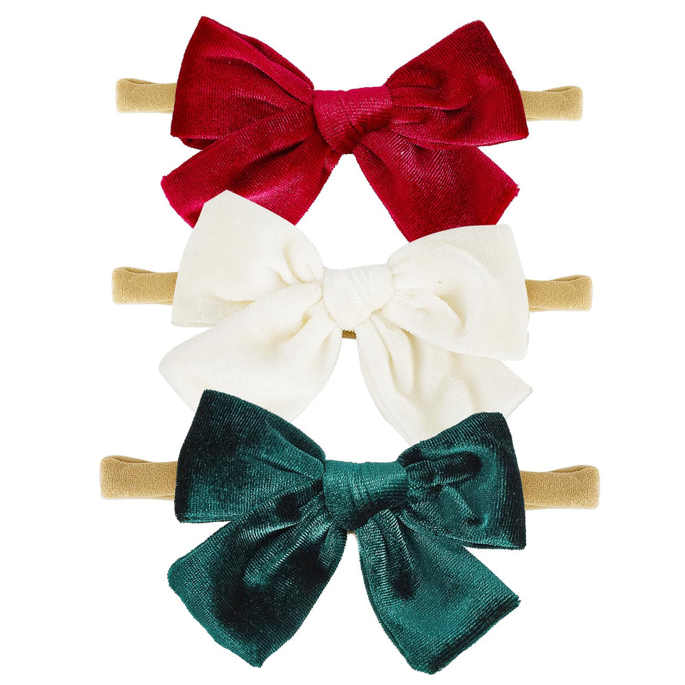 Hoyuwak velvet baby bows 4in pack closeup, soft texture and snug elastic fit.