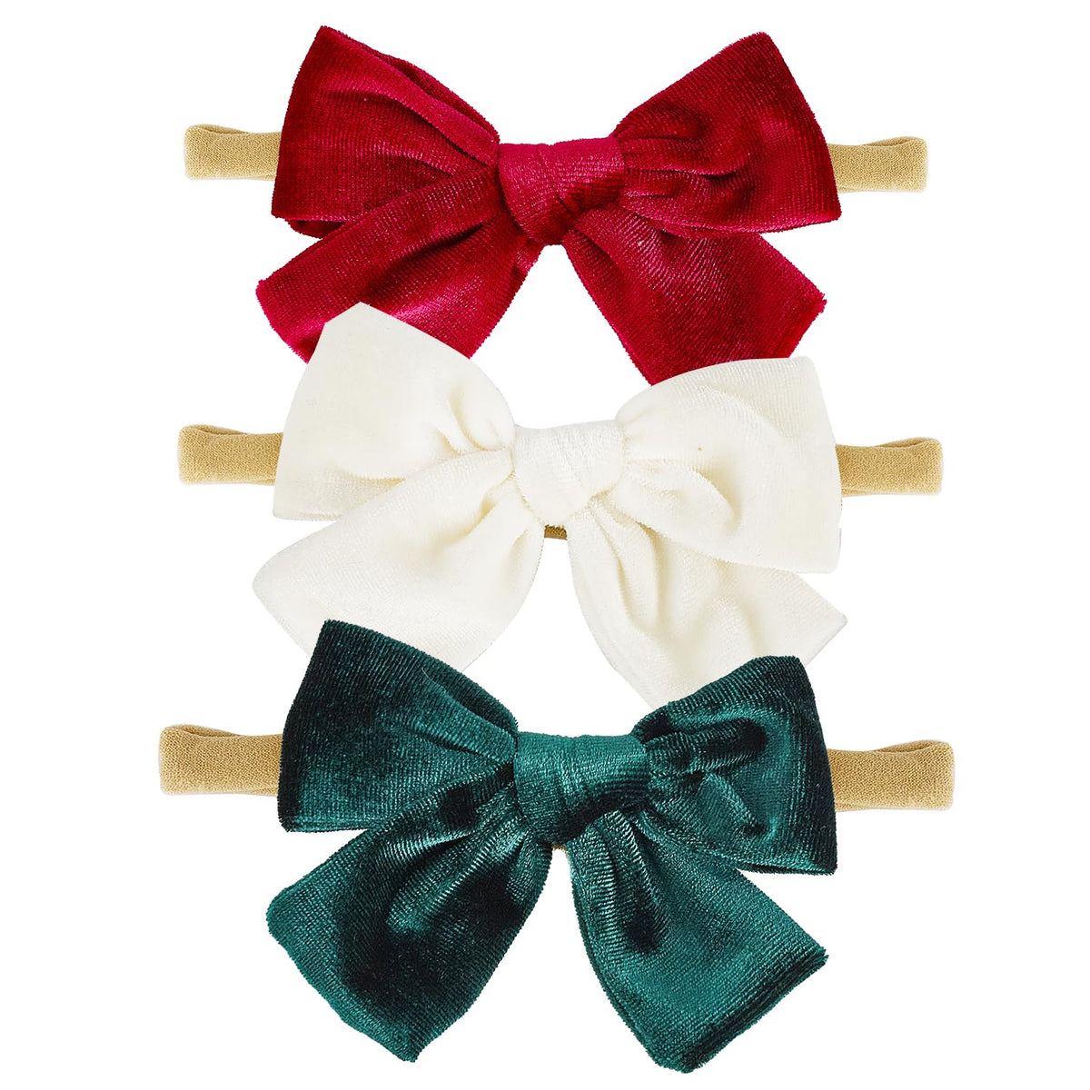 Hoyuwak velvet baby bows 4in pack closeup, soft texture and snug elastic fit.