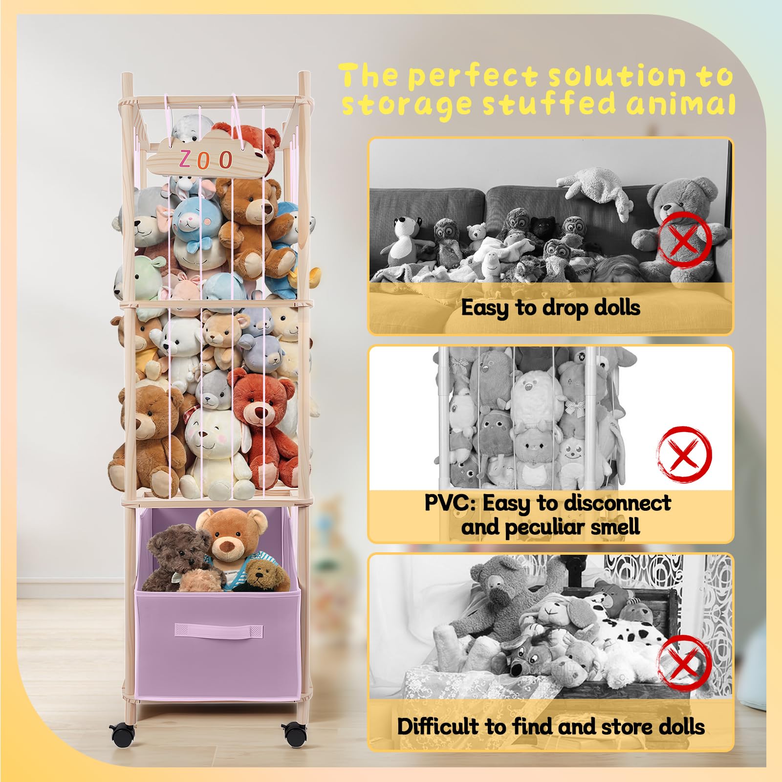 HOYWOUL multi-use plushy toy organizer includes a storage box for small items.