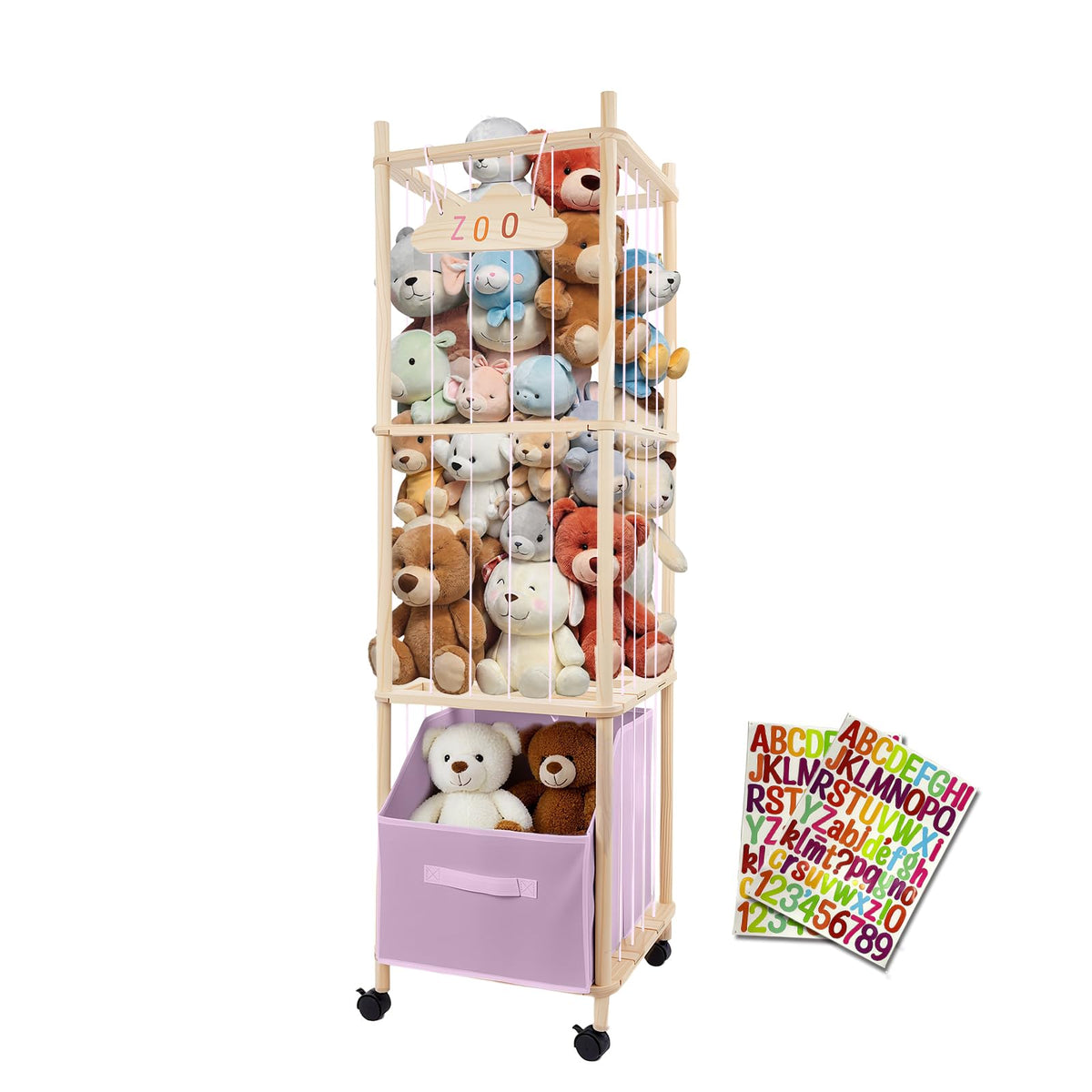 HOYWOUL stuffed animal storage wood cage shows sturdy pine construction for durable toy organization.