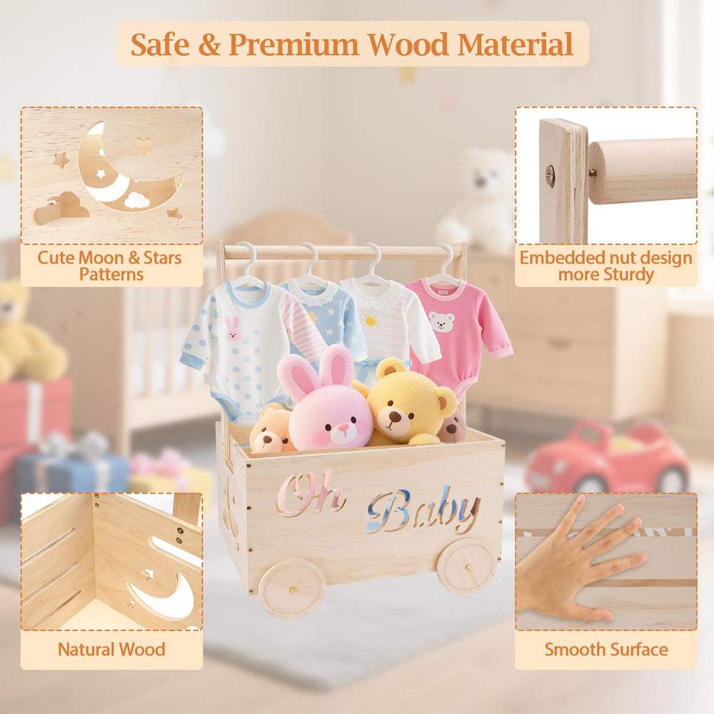 HOYWOUL wooden baby shower basket wheels enable easy mobility in a nursery