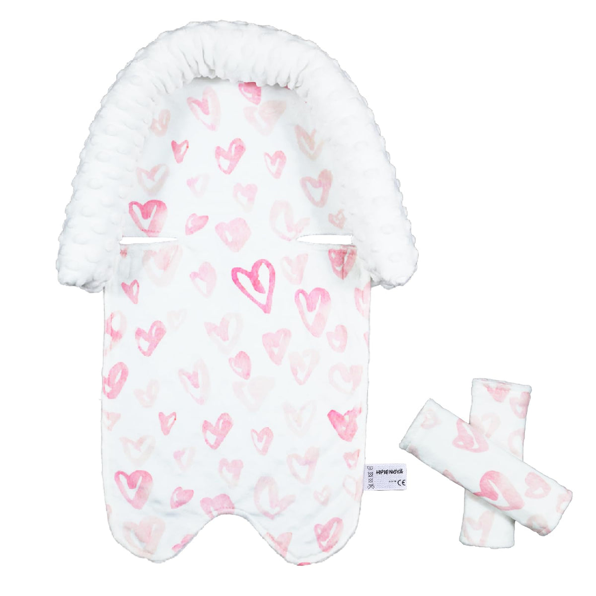 HPIENOYA baby head support in pink love provides gentle neck stability on rides.