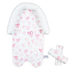 HPIENOYA baby head support in pink love provides gentle neck stability on rides.