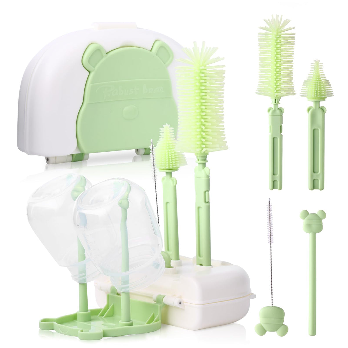 Hranio baby bottle cleaner set folding drain rack enables two-bottle drying.