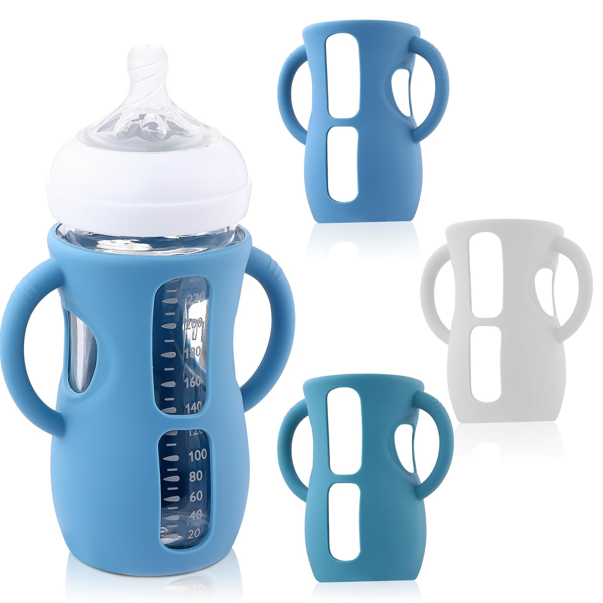 Hranio silicone bottle covers on an 8oz glass bottle provide secure protection