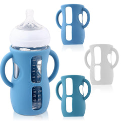 Hranio silicone bottle covers on an 8oz glass bottle provide secure protection