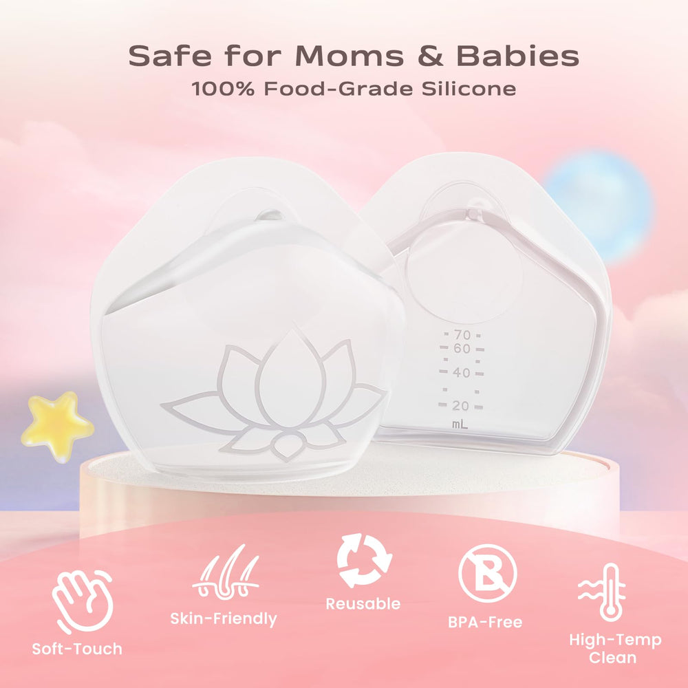 Hranio silicone breast milk collector close-up highlighting BPA-free safety.