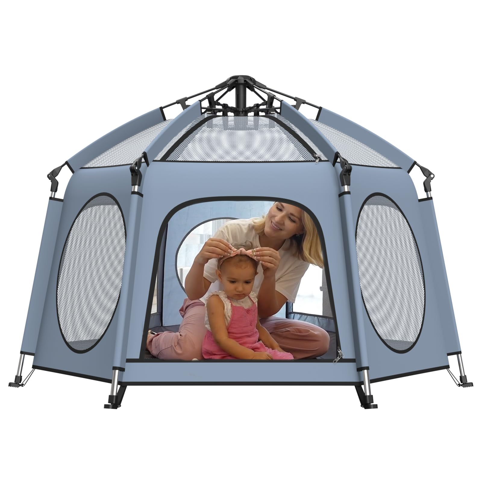 Hrebr Baby Playpen canopy setup for quick shade outdoors.